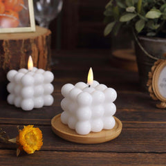 2-Pack LED Flameless Cube Candles Flickering Warm White/White - Battery Operated Bubble Design 2"