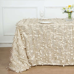 Taffeta 90"x156" Rectangle Tablecloth Beige | 3D Leaf Petal Design Seamless Table Cover