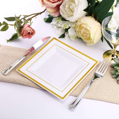 10-Pack Plastic Salad Dessert Plates White Square with Gold Trim - Durable Disposable Appetizer Plates 7"
