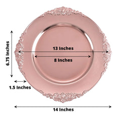 6-Pack Acrylic Round Charger Plates 13" in Rose Gold with Embossed Baroque Rim, Antique Decorative Dinner Party Charger Tableware
