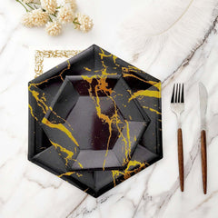 25-Pack Paper 12" Hexagon Dinner Plates in Black with Gold Marble Design - Disposable Geometric 400GSM Party Plates for Events & Banquets