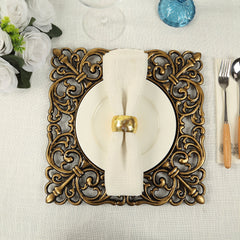 6-Pack Acrylic Square Charger Plates 12" in Black with Antique Gold Hollow Lace Border, Event Tabletop Decorative Charger Tableware