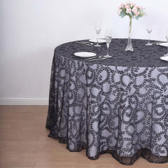 Tulle 120" Round Tablecloth Black - Seamless Sequin Leaf Embroidered Table Cover