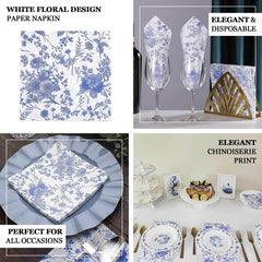 20-Pack Paper Cocktail Napkins with French Toile Print White/Blue - Disposable 2 Ply Beverage Napkins for Events 5"x5"
