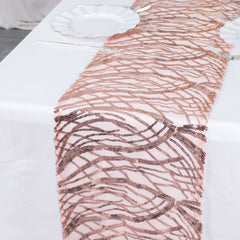 Sequin Mesh 12"x108" Table Runner Blush Stylish Wave Embroidery