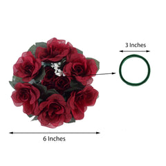 4 Pack 3" Burgundy Artificial Silk Rose Flower Candle Ring Wreaths