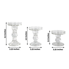 Set of 3 Glass Pillar Candle Holders Clear with Round Tray - Crystal Ball Stem Taper Candlestick Tea Light Stands 3.5", 4.5", 5.5"