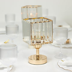 2 Pack 9" Crystal Pendant Hurricane Candle Holders in Gold, Elegant Square Design for Pillar Candles, Decorative Table Centerpieces