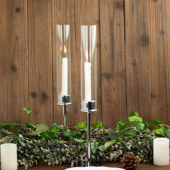 2-Pack Silver Metal Taper Candlestick Holders, Clear Glass Hurricane Candle Stands With Chimney Candle Shades 16"