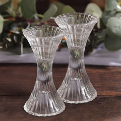 2-Pack Crystal Pillar Candlestick Stands Hour Glass Design with Diagonal Stripes Clear - Reversible Taper Holders 5"