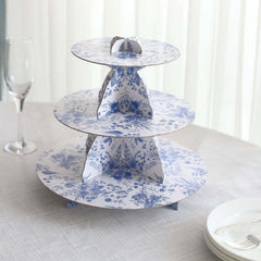 3-Tier Cardboard Cupcake Stand White with Blue French Toile Pattern - Reusable Dessert Display Stand Round Serving Platter for High-Tea Gatherings Weddings & Spring Celebrations 11"