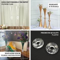 2 Pack 31" Shiny Gold Crystal Embellishment Trumpet Flower Vase, Reversible Plastic Table Centerpiece