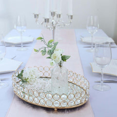 Gold Metal Crystal Beaded Mirror Oval Vanity Serving Tray, Decorative Tray - Medium 14"x10"