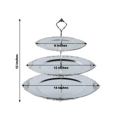 3-Tier Plastic Round Cupcake Stand Metallic Silver - Vintage-Inspired Reusable Dessert Display Holder Tea Party Serving Tray Platter with Baroque Rim & Top Handle 13"