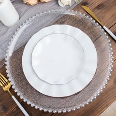 6-Pack Acrylic Round Charger Plates 13" in Clear Silver Glittered with Beaded Rim, Decorative Dinner Party Serving Plates