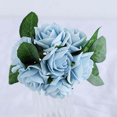 24 Roses 2" Dusty Blue Artificial Foam Flowers With Stem Wire and Leaves