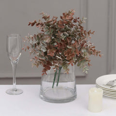 3 Pack 13" Frosted Green Red Artificial Farmhouse Eucalyptus Leaf Stems, Plastic Foliage Plants