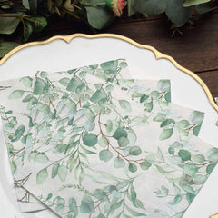 50-Pack Paper Beverage Napkins with Green Foliage Eucalyptus Leaves Design - 2 Ply Soft 18GSM Boho Wedding Napkins 6.5"x6.5"