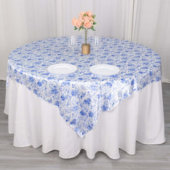 Satin 72"x72" Table Overlay Square Tablecloth White Blue - French Toile Floral Design for Stylish Celebrations