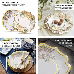 25-Pack Paper 8" Dessert Plates in White with Floral Print & Rose Gold Scallop Rim - Disposable 300GSM Appetizer Salad Plates
