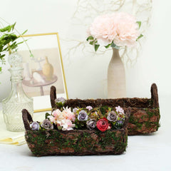 Set of 2 Rustic Planter Boxes Preserved Moss Log Shaped with Handle - Flower Basket Centerpieces 13", 15"
