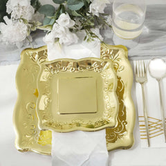 25-Pack Paper 7" Square Dessert Plates in Gold with Vintage Pottery Embossed Design - Shiny Metallic Disposable Appetizer Plates for Luxe Gatherings & Celebrations