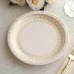 25-Pack Paper 9" Round Dinner Plates in White with Gold Basketweave Rim - Disposable Party Plates for Stylish Soirées & Festive Brunches