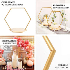Metal Hexagon Floral Hoop Cake Stand Gold - Chic Geometric Dessert Display DIY Centerpiece Table Decoration With Wooden Base 28"