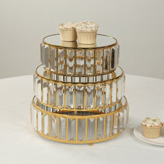 Set of 3 Gold Metal Crystal Pendant Cake Stands with Mirror Top, Stackable Round Dessert Display Trays - 9",11",12"