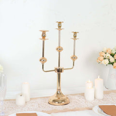 3-Arm Taper Candelabra Candle Holder Stand Gold Metal Wedding Centerpiece - Decorative Display 20"