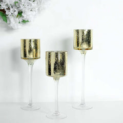 Set of 3 Glass Cylinder Vases Long Stem Gold - Decorative Candle Holder Floral Centerpieces 12", 14", 16"