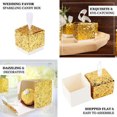 25 Pack 2" Gold Sequin Glitter Party Favor Boxes With White Ribbon Loop, Wedding Favor Gift Boxes, Candy Cases