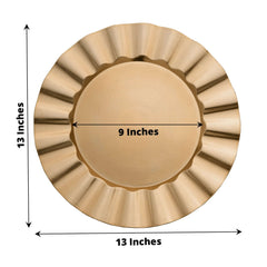 6-Pack Acrylic Plastic Round Charger Plates 13" in Gold with Wavy Scalloped Rim, Decorative Dinner Party Charger Tableware