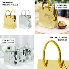 12 Pack 5" Shiny Metallic Gold Foil Paper Party Favor Bags With Handles, Small Gift Wrap Goodie Bags