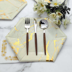 25 Pack Ivory Marble 12" Serving Dinner Paper Plates, Disposable Hexagon Geometric Shaped Plates With Gold Foil Marble Design - 400 GSM