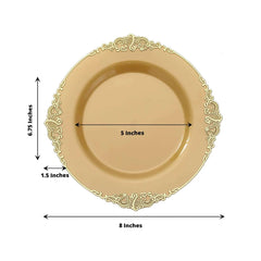 10-Pack Plastic 8" Round Dessert Plates in Gold with Leaf Embossed Rim - Disposable Vintage Baroque Style Salad Plates for Luxurious Gatherings & Events