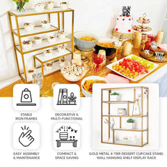 4-Tier Dessert Cupcake Stand Metal Gold with White Wood Panels - Wall Shelf & Book Display Rack 22"