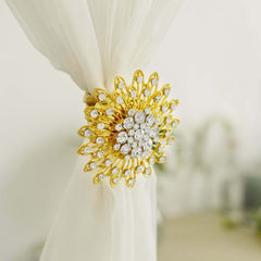 2 Pack 4" Gold Crystal Flower Magnetic Curtain Tie Backs, Backdrop Drapery Panel Buckle Clips