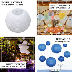 Set of 8 White Hanging Paper Lanterns, Decorative Round Chinese Sky Lanterns, Assorted Sizes - 6",8",10",14"