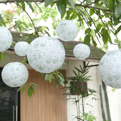 Set of 8 White Sage Green Hanging Chinese Lanterns in French Toile Floral Pattern, Festival Paper Lanterns - 6",8",10",14"