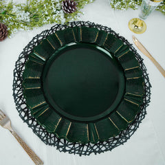 6-Pack Acrylic Plastic Round Charger Plates 13" in Hunter Emerald Green with Gold Brushed Wavy Scalloped Rim, Decorative Dinner Party Charger Tableware