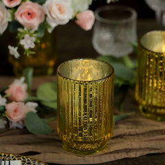 3-Pack Mercury Glass Hurricane Candle Holders Gold Wavy Column Design - Votive Pillar Vase 5"