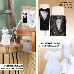Set of 2 Clear Champagne Flutes with Black Bride and Groom Koozies - Wedding Toast Glasses 9"