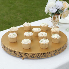 Metal Pedestal Cake Stand Fleur De Lis Round Design Gold - Cupcake Dessert Display Table Centerpiece 20"