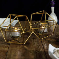 Set of Metal Candle Holders Linked Geometric Design Gold - Modern Table Decor with Votive Glass for Gatherings 11"