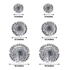 Set of 6 Metallic Silver Hanging Paper Fan Decorations, Pinwheel Wall Backdrop Party Kit - 8", 12", 16"