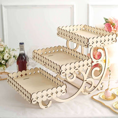 3-Tier Wooden Dessert Display Rectangular Laser Cutout Design Natural - Serving Platter Cupcake Mini Cake Tray 22"