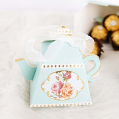 25 Pack 4" Light Turquoise Mini Teapot Favor Boxes, Vintage Rose Gift Boxes with Ribbons