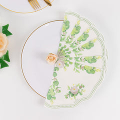 25-Pack Round Paper Cocktail Napkins with Floral Greenery and Scalloped Edge White - Disposable 2 Ply Beverage Napkins 12"