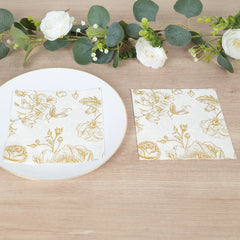 50-Pack Paper Cocktail Napkins with French Toile Floral Pattern White/Gold - Soft 2 Ply Beverage Napkins for Events